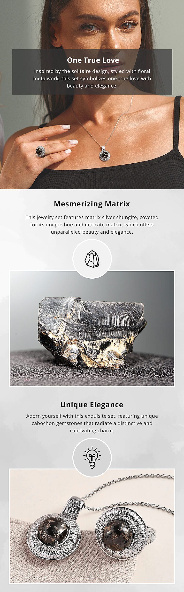 Matrix Silver Shungite Solitaire Ring and Pendant Necklace in Stainless Steel Banner