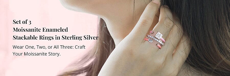 Set of 3 Moissanite Enameled Stackable Rings in Sterling Silver Banner