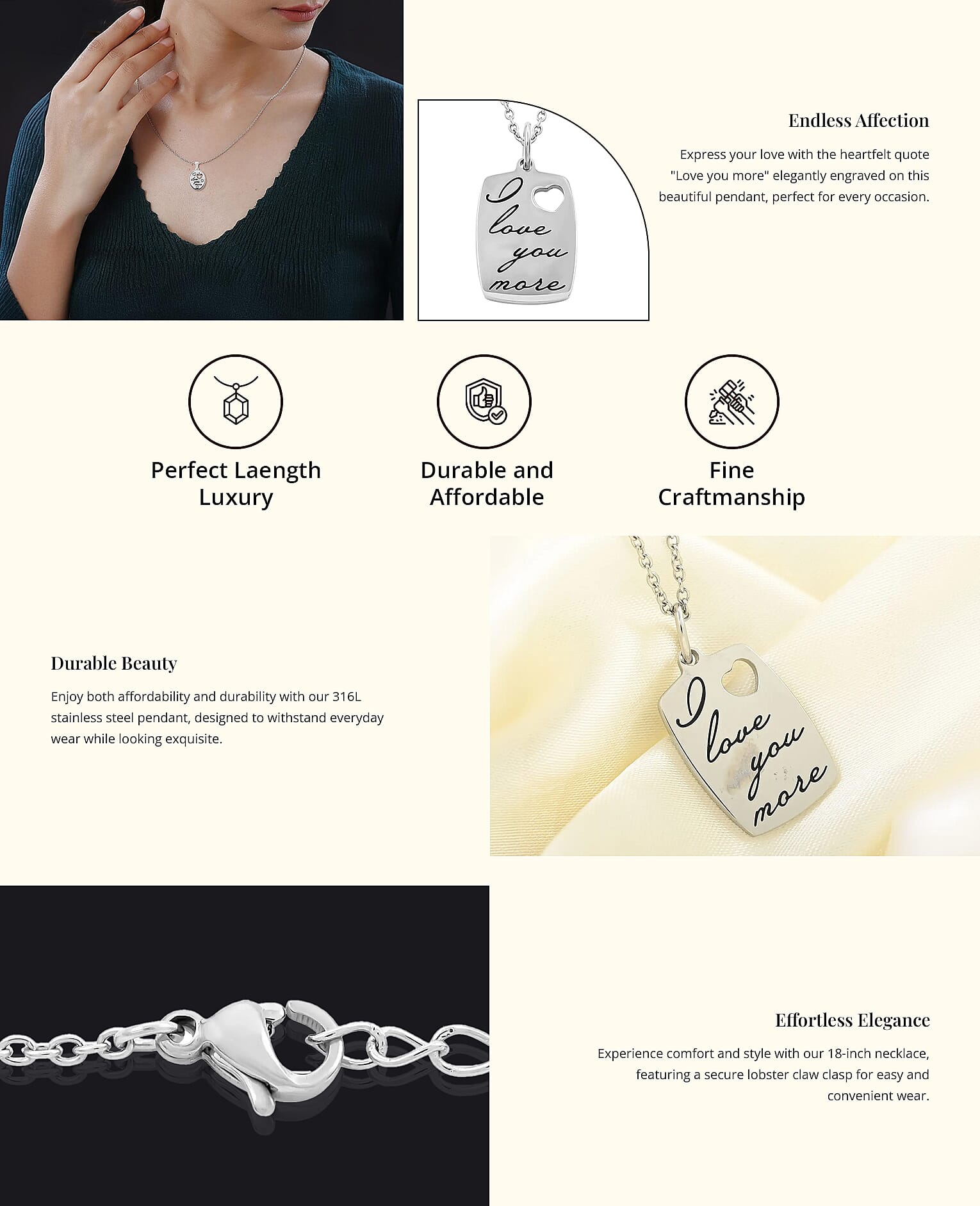 Love You More Engraved Pendant Necklace in Stainless Steel 18 Inches Banner