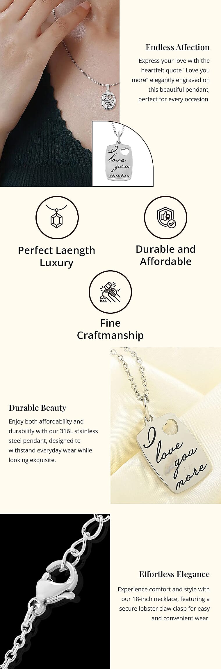 Love You More Engraved Pendant Necklace in Stainless Steel 18 InchesBanner