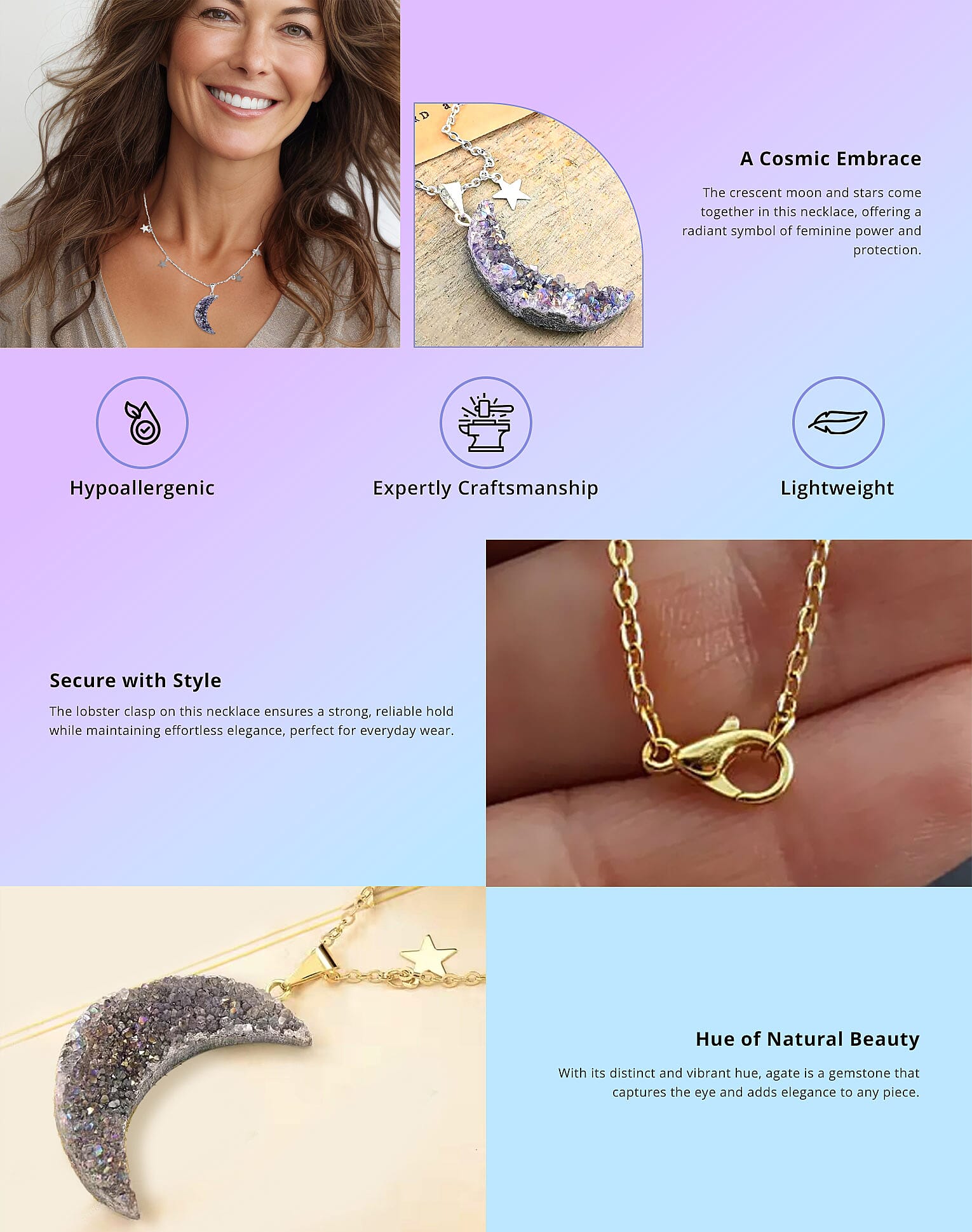 Agate Star Charm Pendant Necklace 16.5-18.5 Inches in Silvertone Banner