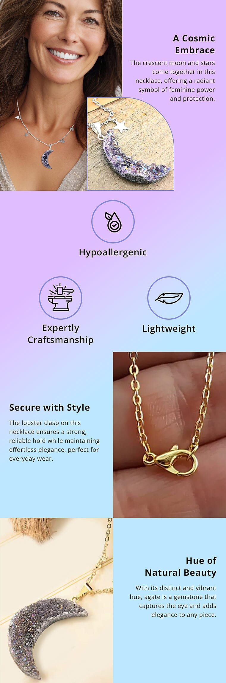 Agate Star Charm Pendant Necklace 16.5-18.5 Inches in Silvertone Banner