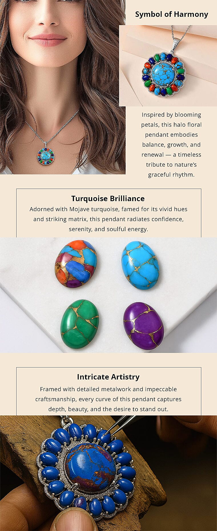 Karis Mojave Blue Turquoise, Mojave Multi Turquoise 38.00 ctw Halo Pendant in Platinum Bond with Stainless Steel Necklace 20 Inches Banner