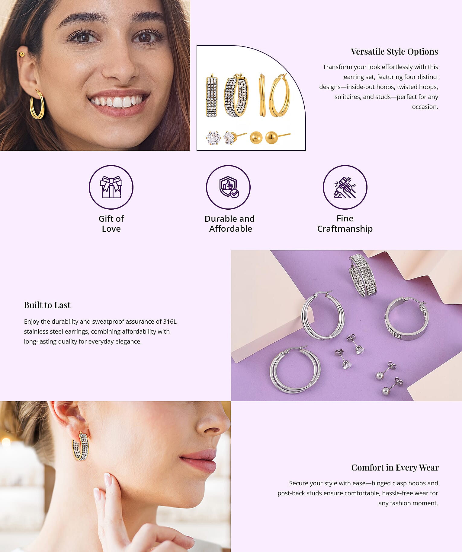 Evertrue Set of 4 pairs Simulated Diamond, Austrian Crystal Hoops and Stud Earrings in ION Plated Yellow Gold Stainless Steel Banner