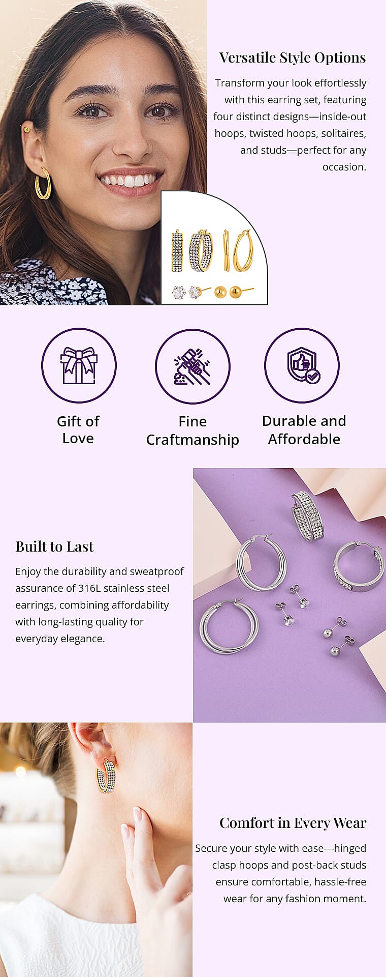 Evertrue Set of 4 pairs Simulated Diamond, Austrian Crystal Hoops and Stud Earrings in ION Plated Yellow Gold Stainless SteelBanner