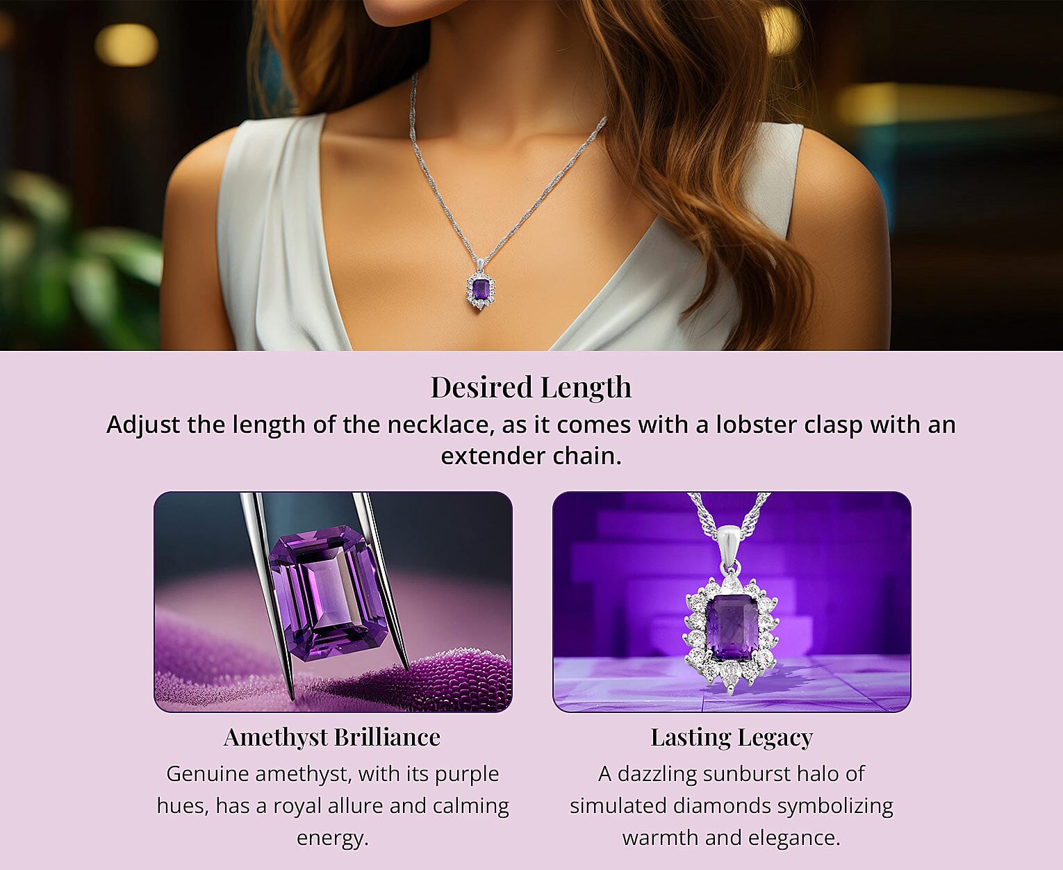 Amethyst and Simulated Diamond Pendant Necklace Banner