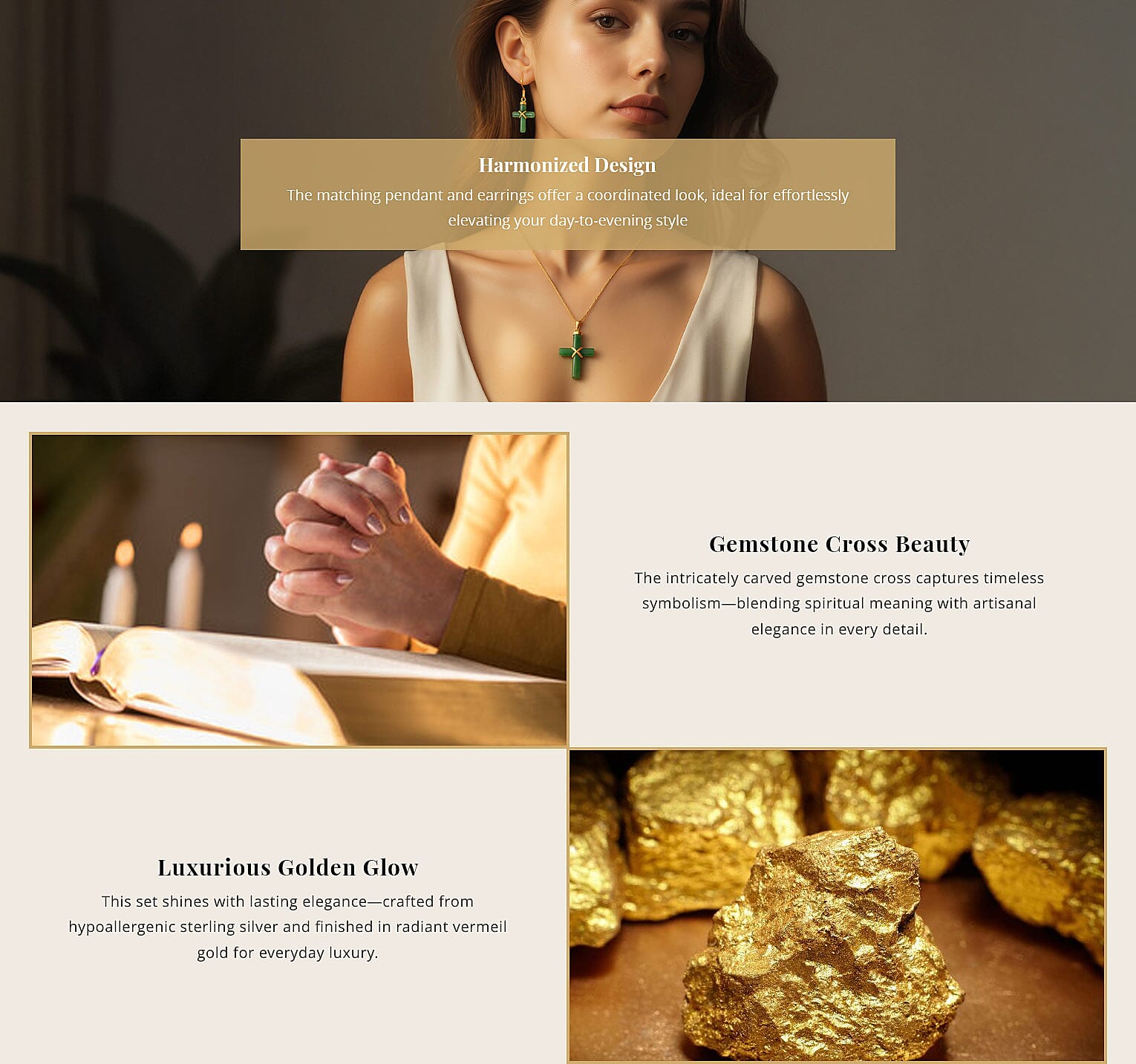 Green Jade (D) 52.00 ctw Cross Earrings and Pendant Necklace in Vermeil Yellow Gold Over Sterling Silver 18 Inches Banner