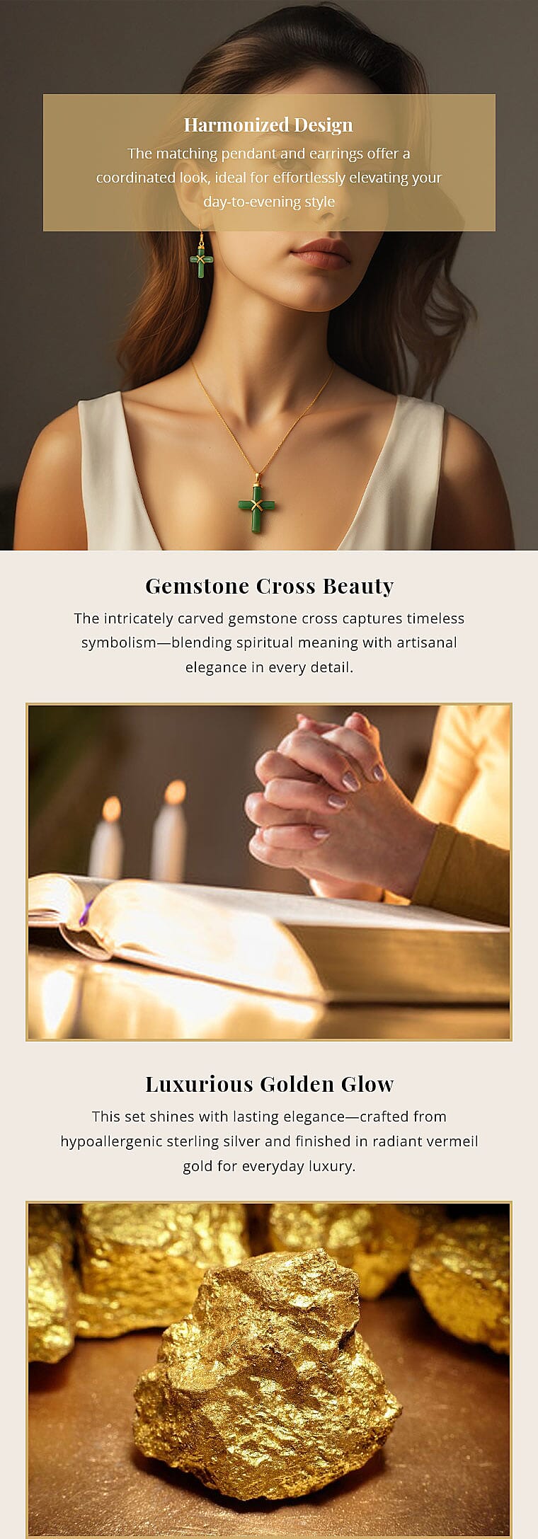 Green Jade (D) 52.00 ctw Cross Earrings and Pendant Necklace in Vermeil Yellow Gold Over Sterling Silver 18 Inches Banner