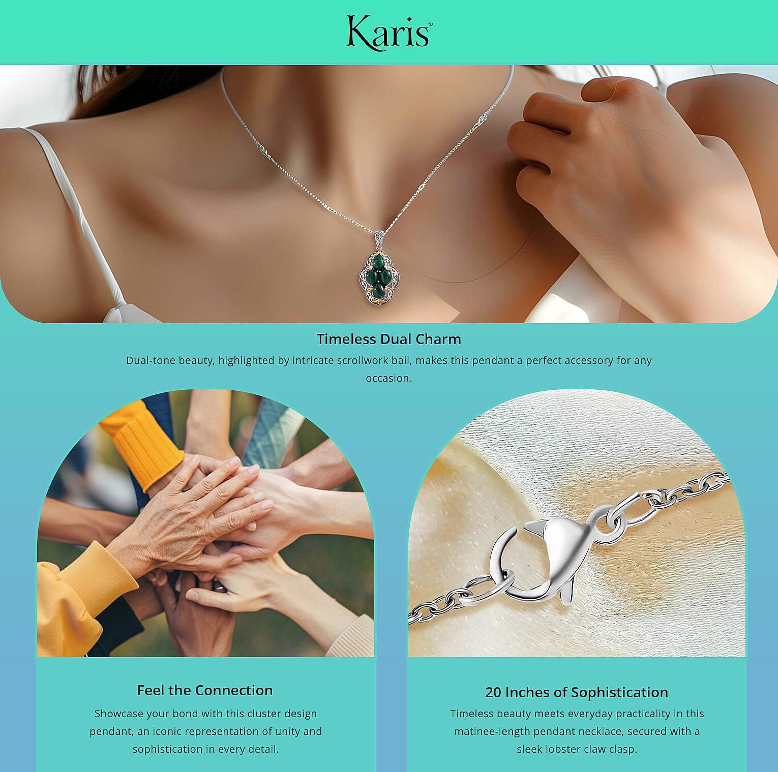 Karis African Malachite 6.40 ctw Solitaire Pendant in 18K YG Plated and Platinum Bond and Stainless Steel Necklace Banner