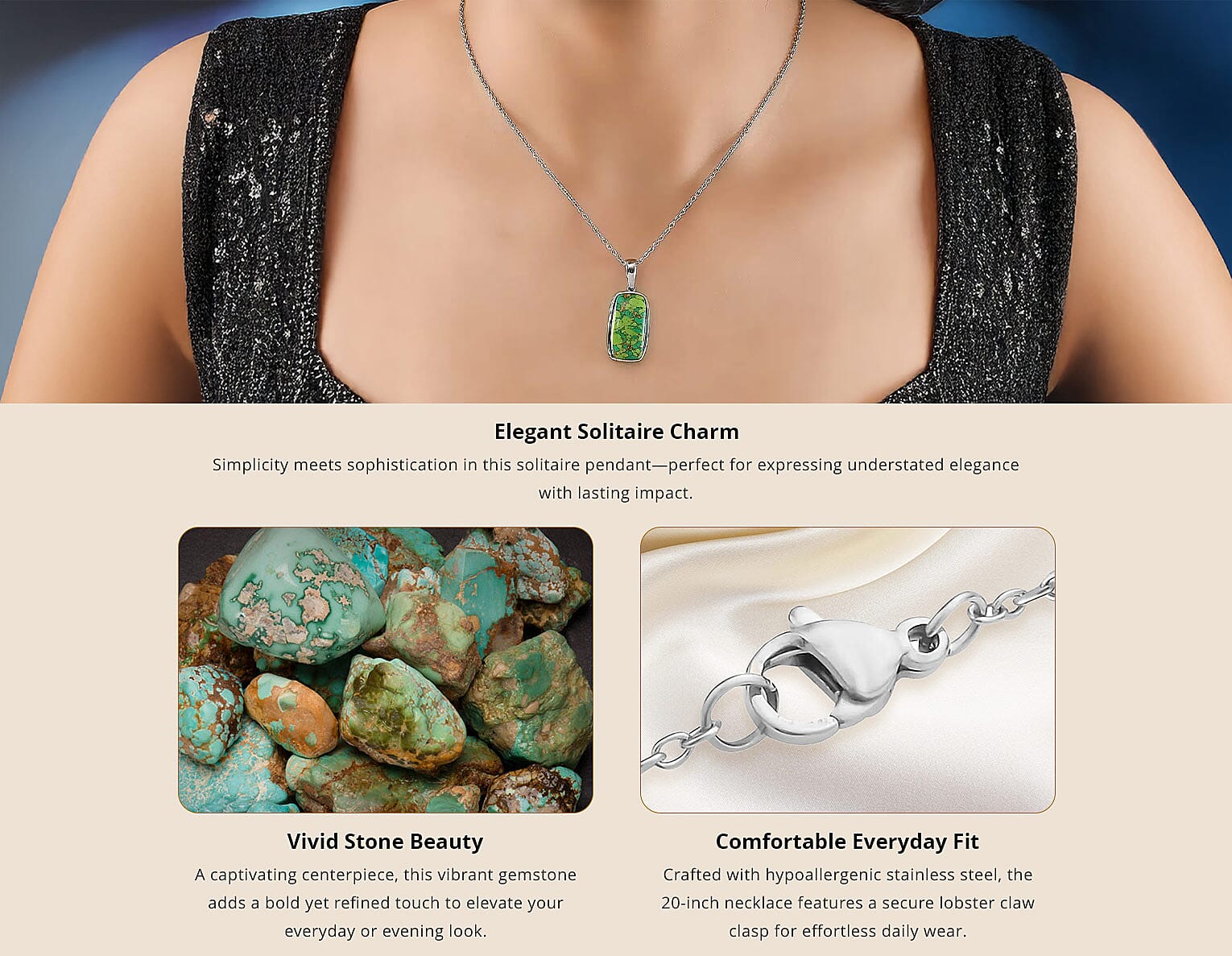 Mojave Green Turquoise Solitaire Pendant Necklace 20 Inches in Stainless Steel 18.15 ctw Banner