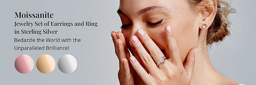 Moissanite Jewelry Set of Earrings and Ring in Sterling Silver Banner