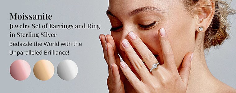 Moissanite Jewelry Set of Earrings and Ring in Sterling Silver Banner