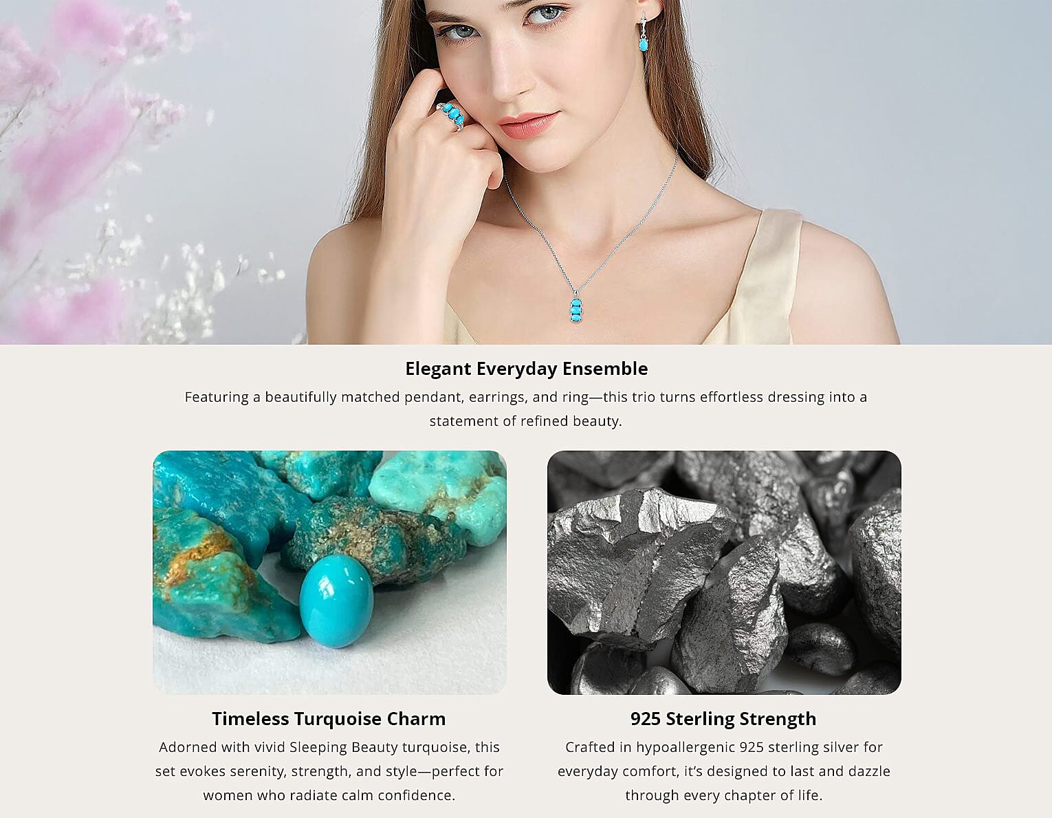Sleeping Beauty Turquoise Lever Back Earrings, 3 Stone Ring Size 9.0 and Pendant in Platinum Over Sterling Silver with Stainless Steel Necklace Banner