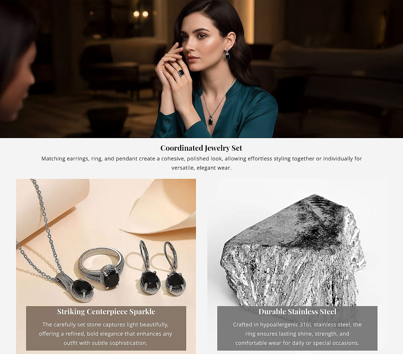 Australian Black Tourmaline Lever Back Earrings, Ring , Pendant Necklace 20 Inches in Stainless Steel 7.35 ctw Banner