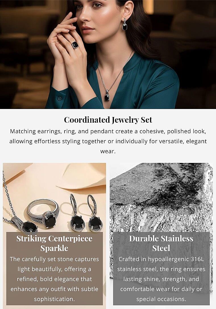 Australian Black Tourmaline Lever Back Earrings, Ring , Pendant Necklace 20 Inches in Stainless Steel 7.35 ctw Banner