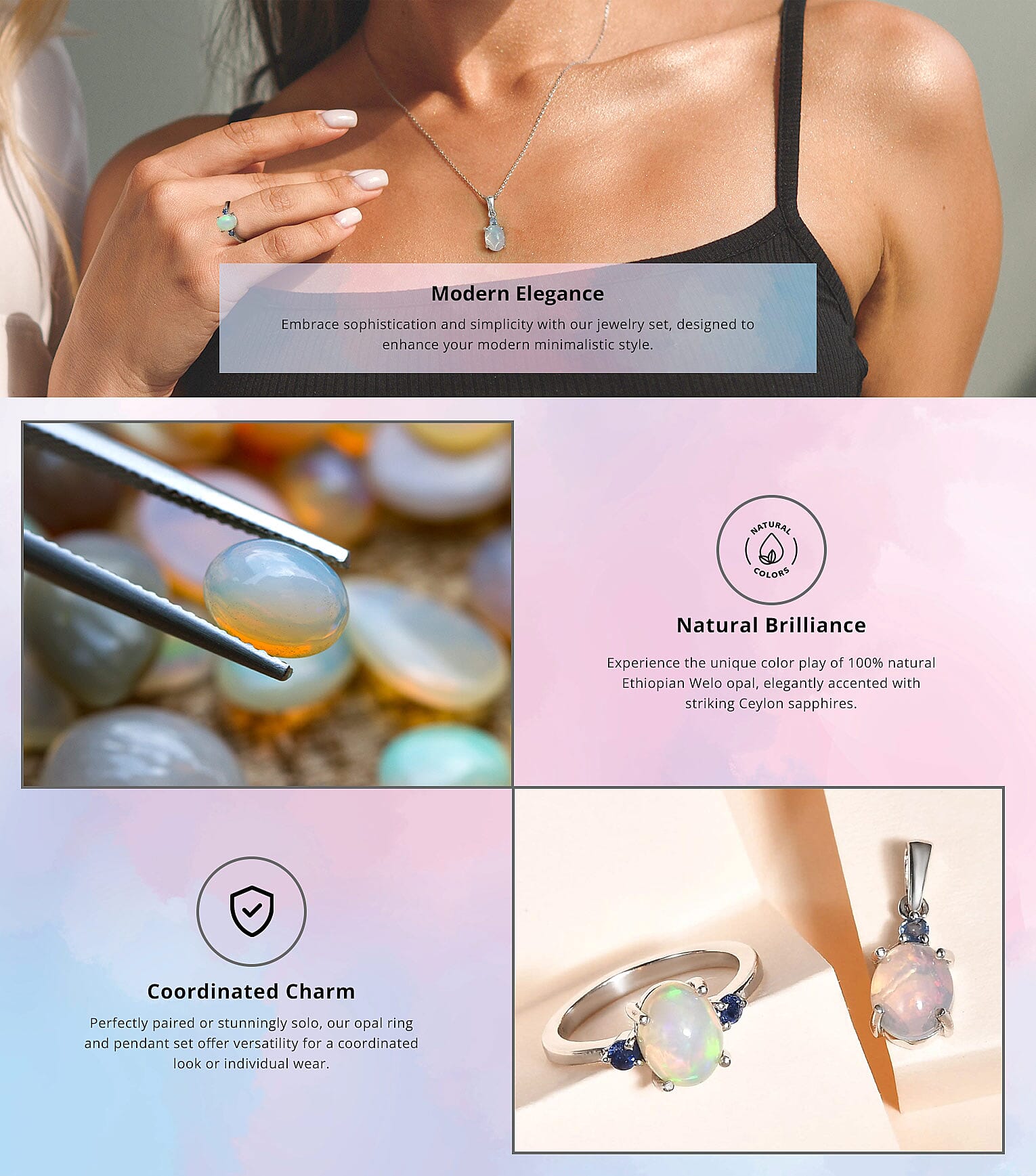 Ethiopian Welo Opal, Ceylon Sapphire Ring and Pendant in Platinum Over Sterling Silver Banner