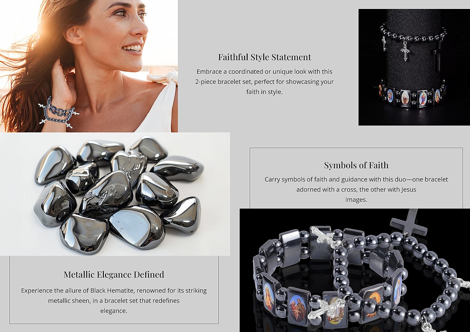 Black Hematite 362.00 ctw Set of 2 Bracelet with Cross Charm in Silvertone Banner