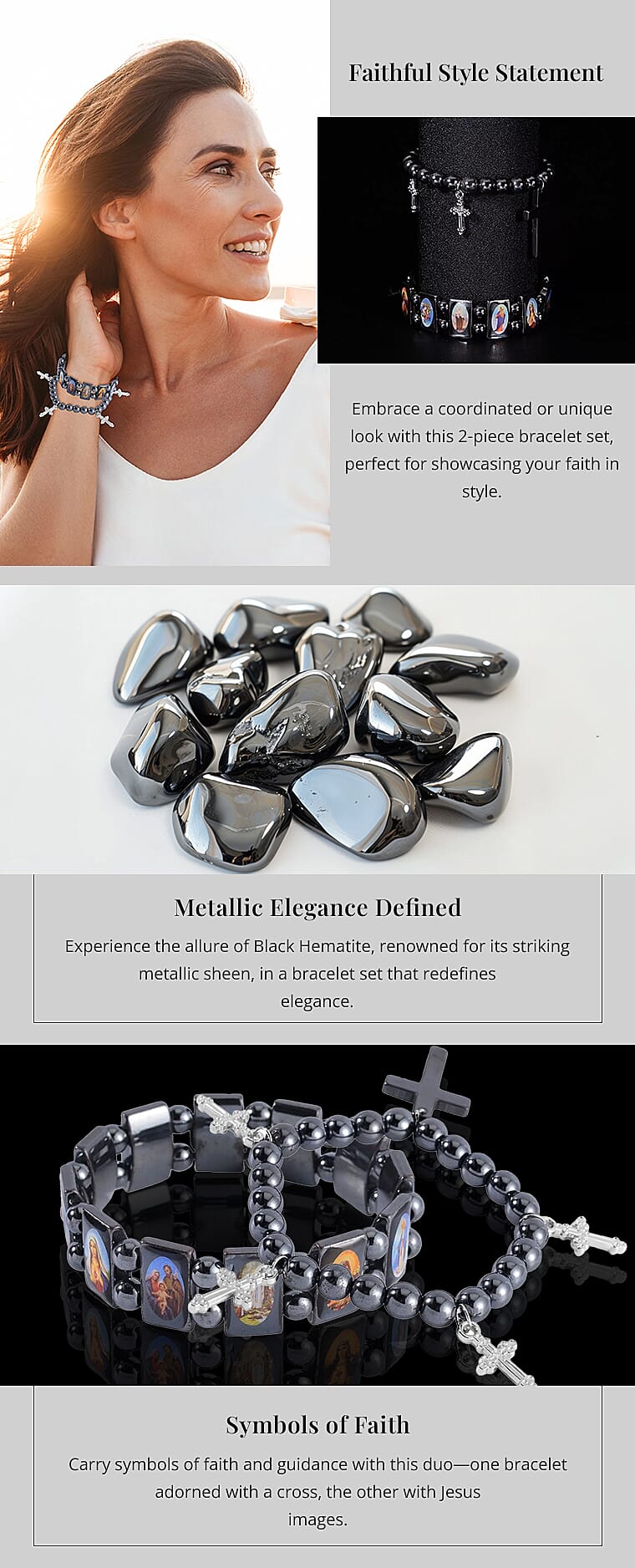 Black Hematite 362.00 ctw Set of 2 Bracelet with Cross Charm in SilvertoneBanner