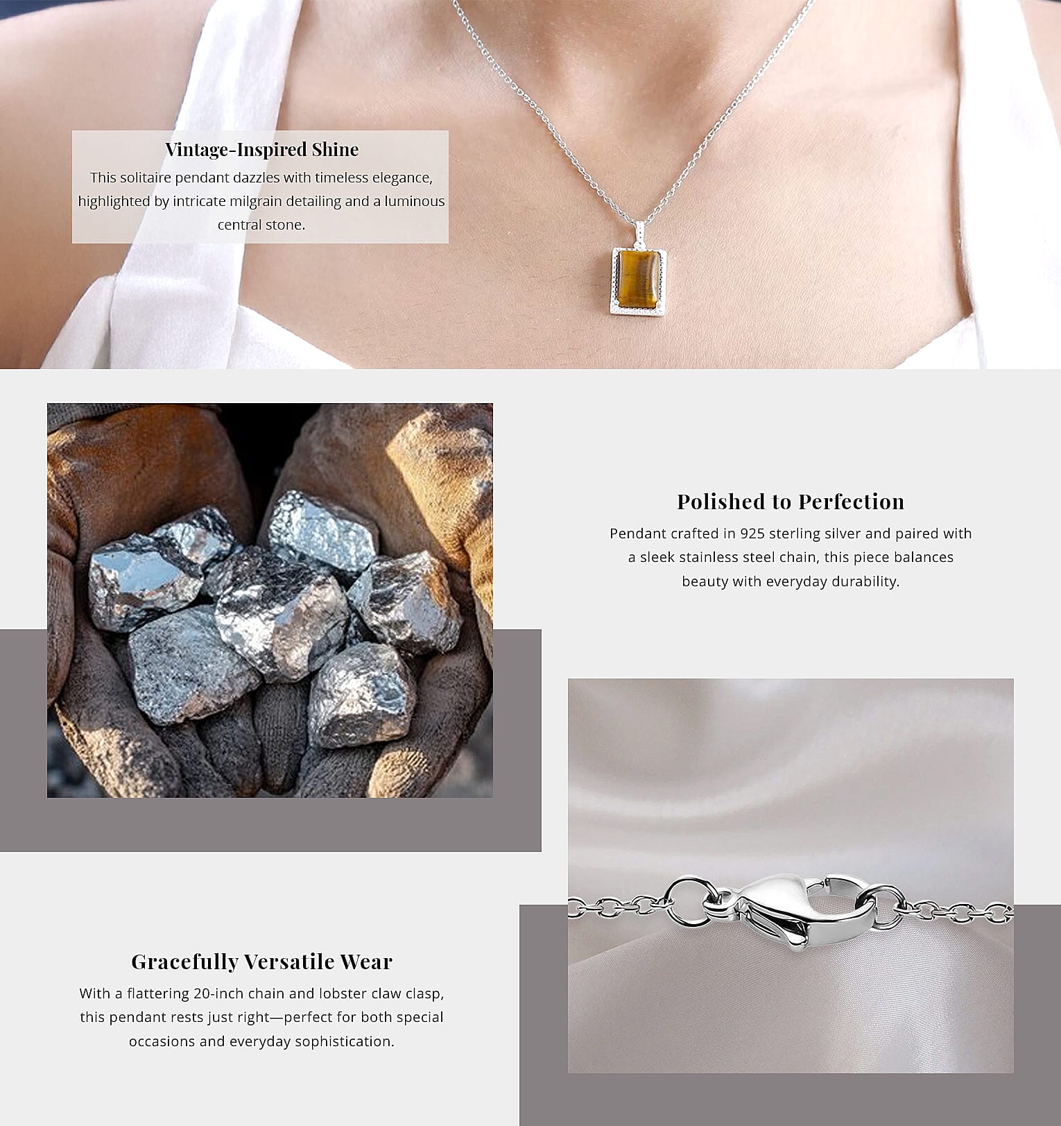 Tiger's Eye 7.90 ctw Solitaire Pendant in Sterling Silver with Stainless Steel Necklace 20 Inches Banner