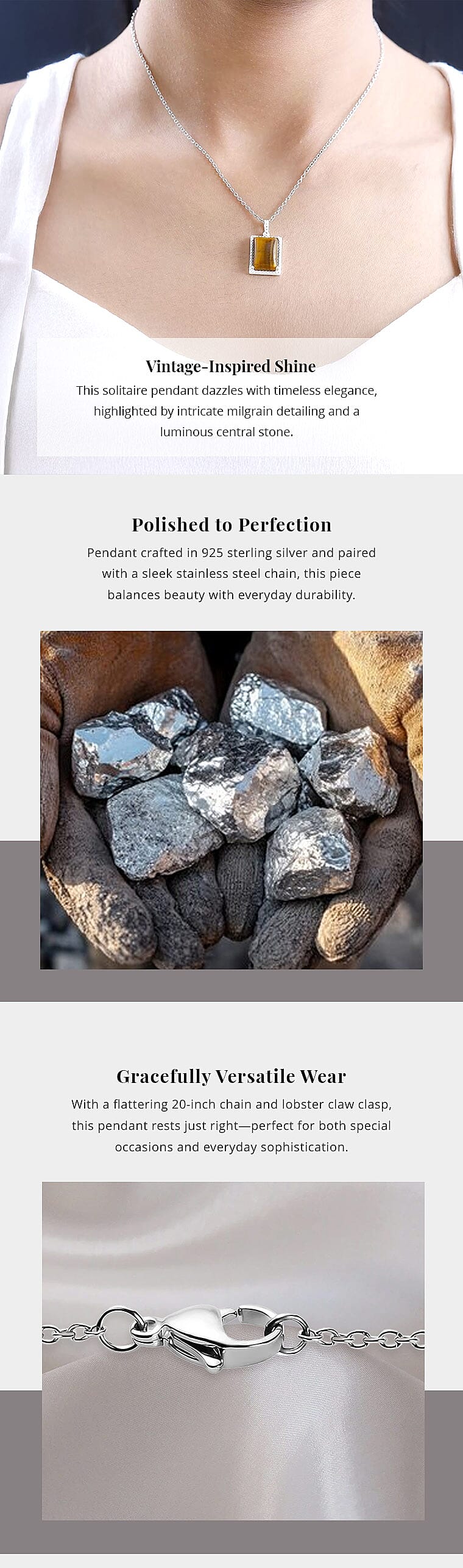 Tiger's Eye 7.90 ctw Solitaire Pendant in Sterling Silver with Stainless Steel Necklace 20 Inches Banner