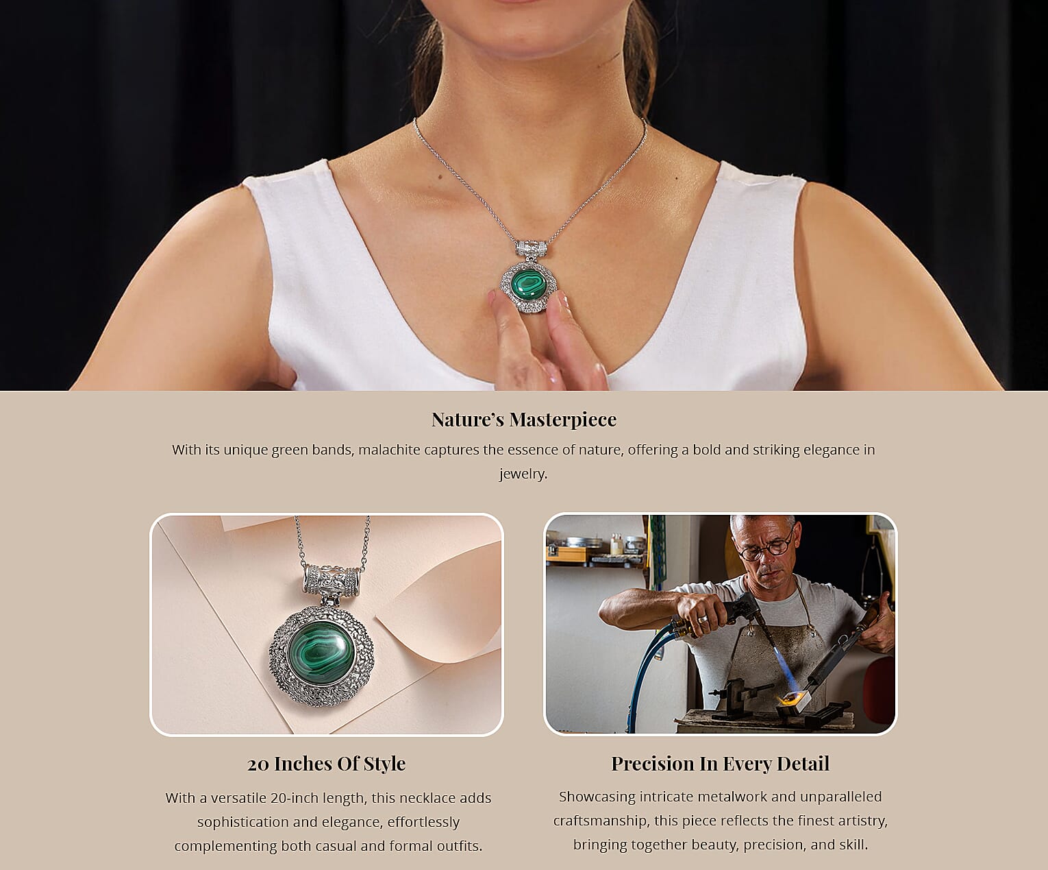 African Malachite 19.00 ctw Pendant Necklace in Stainless Steel 20 Inches Banner