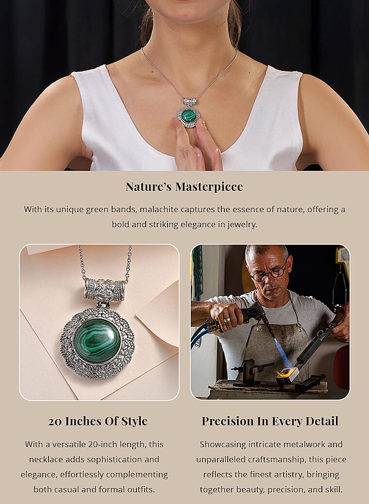 African Malachite 19.00 ctw Pendant Necklace in Stainless Steel 20 InchesBanner