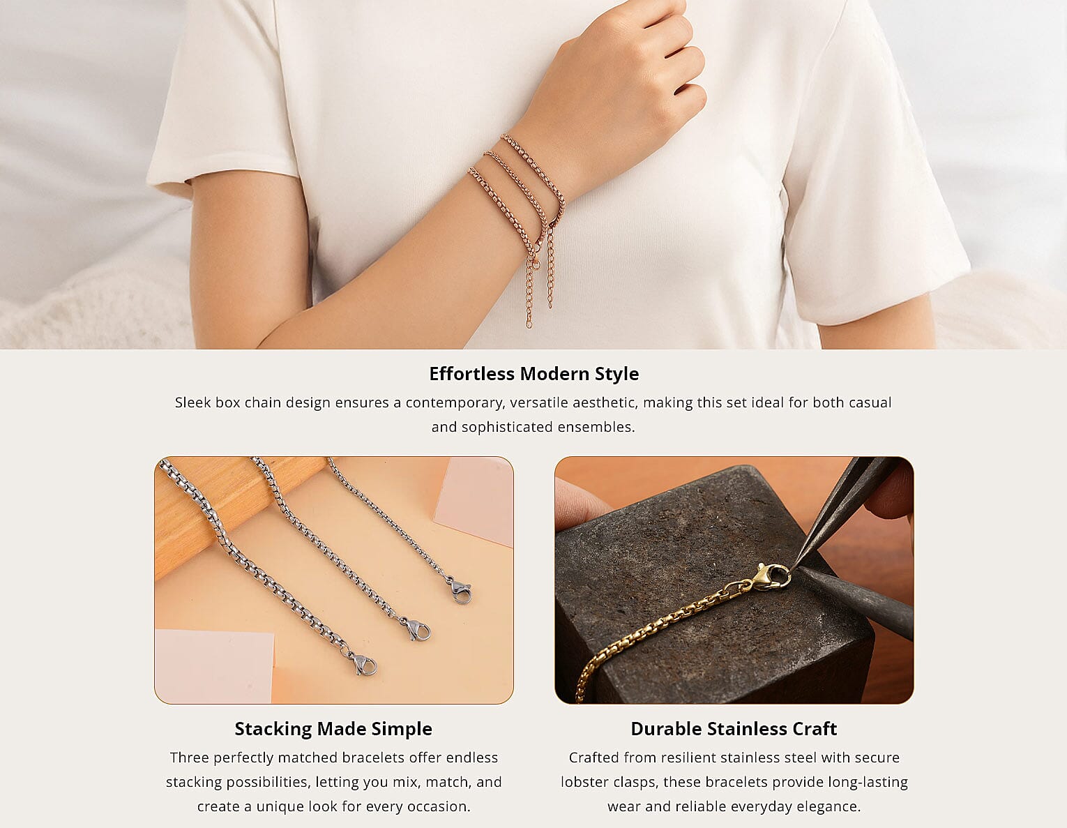 EverTrue Set of 3 Round Box Chain Bracelet in ION Plated RG Stainless Steel (7.50-9.50In) Banner