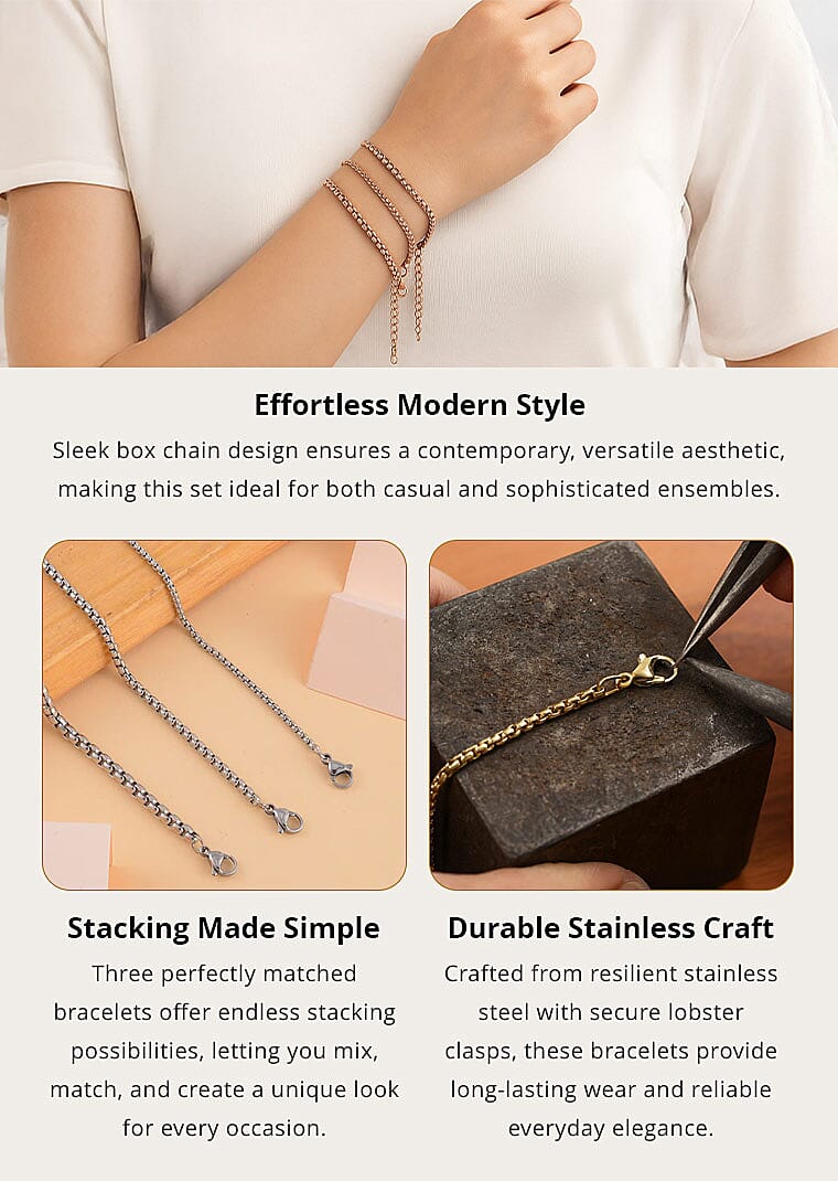 EverTrue Set of 3 Round Box Chain Bracelet in ION Plated RG Stainless Steel (7.50-9.50In) Banner