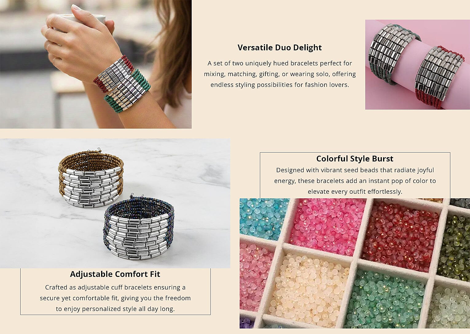 Set of 2 Red and Turquoise Seed Beaded Cuff Bracelet (Adjustable) Banner