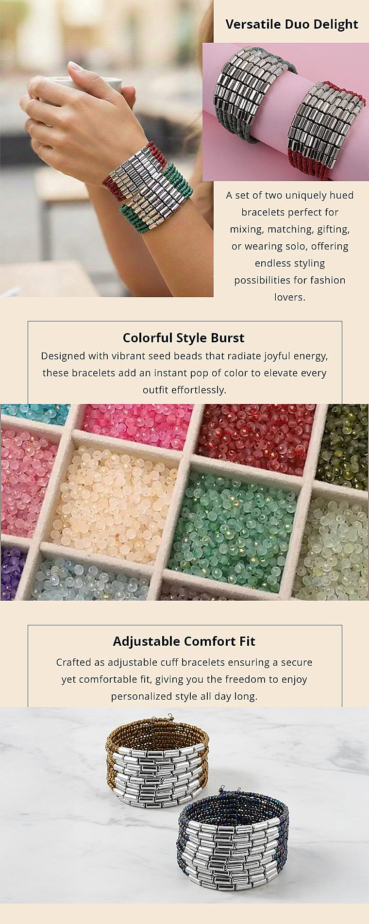 Set of 2 Red and Turquoise Seed Beaded Cuff Bracelet (Adjustable) Banner