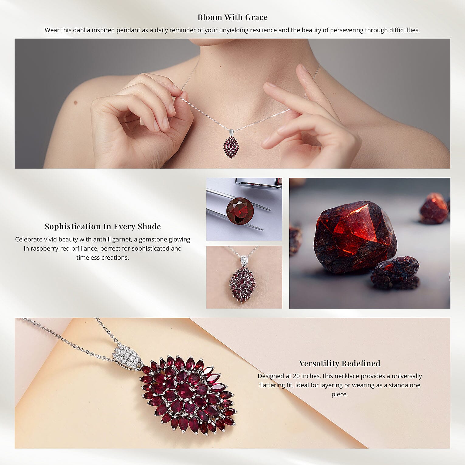 Anthill Garnet Floral Spray Pendant Necklace in Platinum Over Sterling Silver Banner