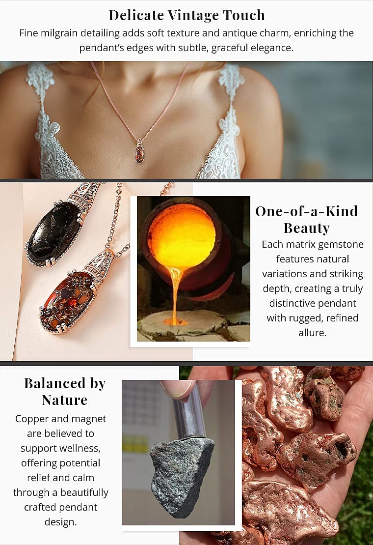 Matrix Silver Shungite 7.20 ctw Pendant in 14K Rose Gold Over Copper with Magnet and Stainless Steel Necklace 20 Inches Banner