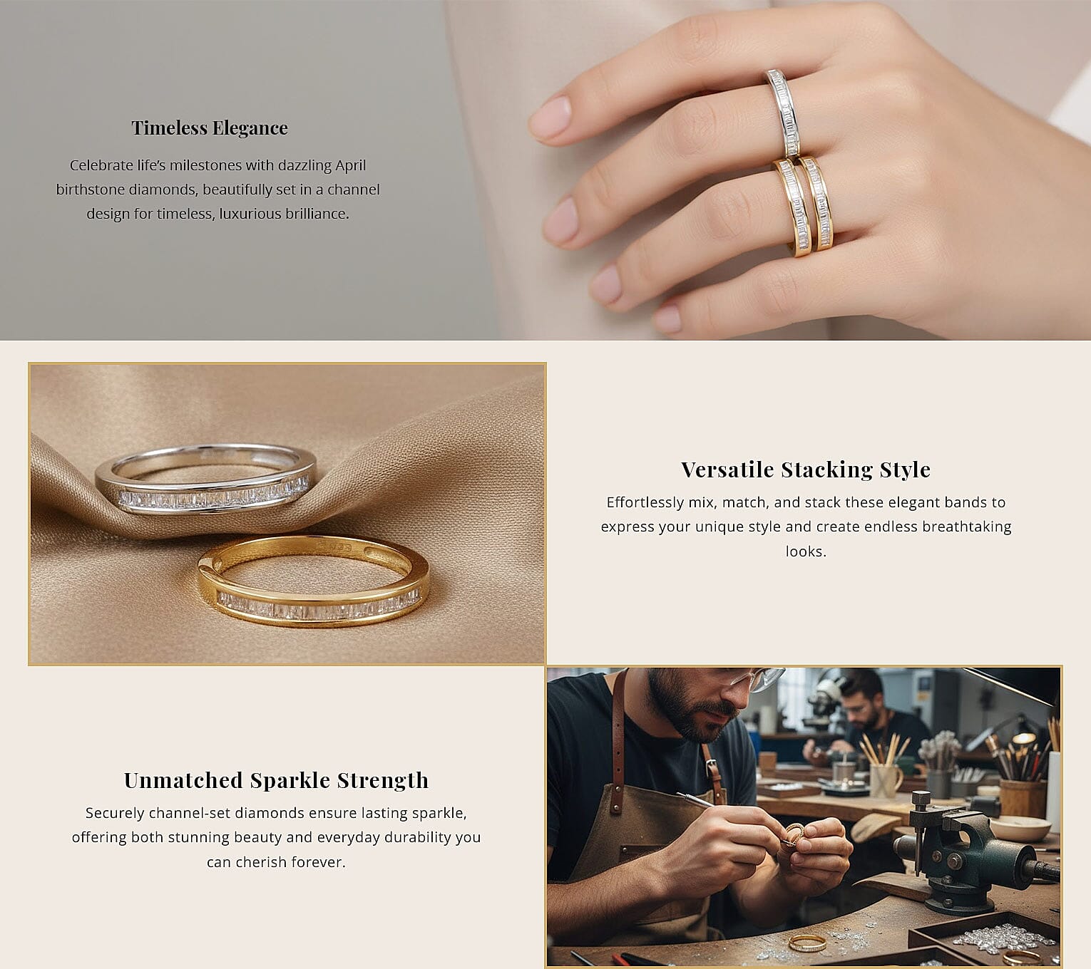 Diamond Set of 3 Ring in Vermeil Yellow Gold and Platinum Over Sterling Silver 0.50 ctw Banner