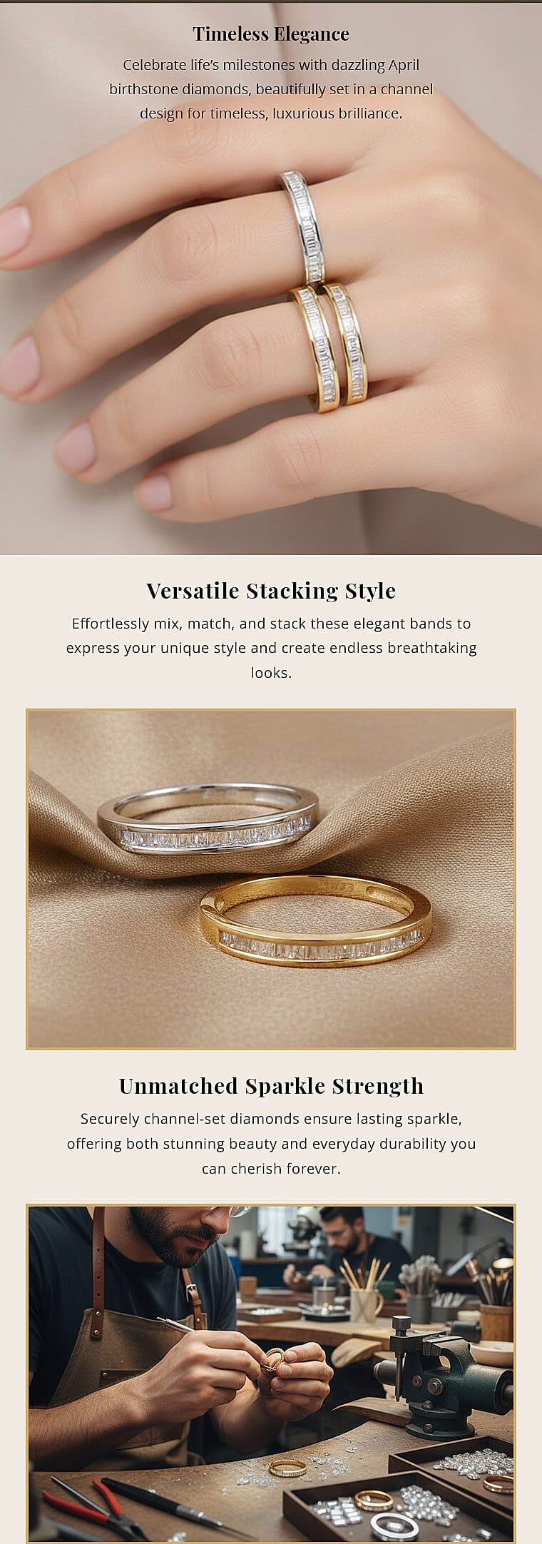 Diamond Set of 3 Ring in Vermeil Yellow Gold and Platinum Over Sterling Silver 0.50 ctw Banner