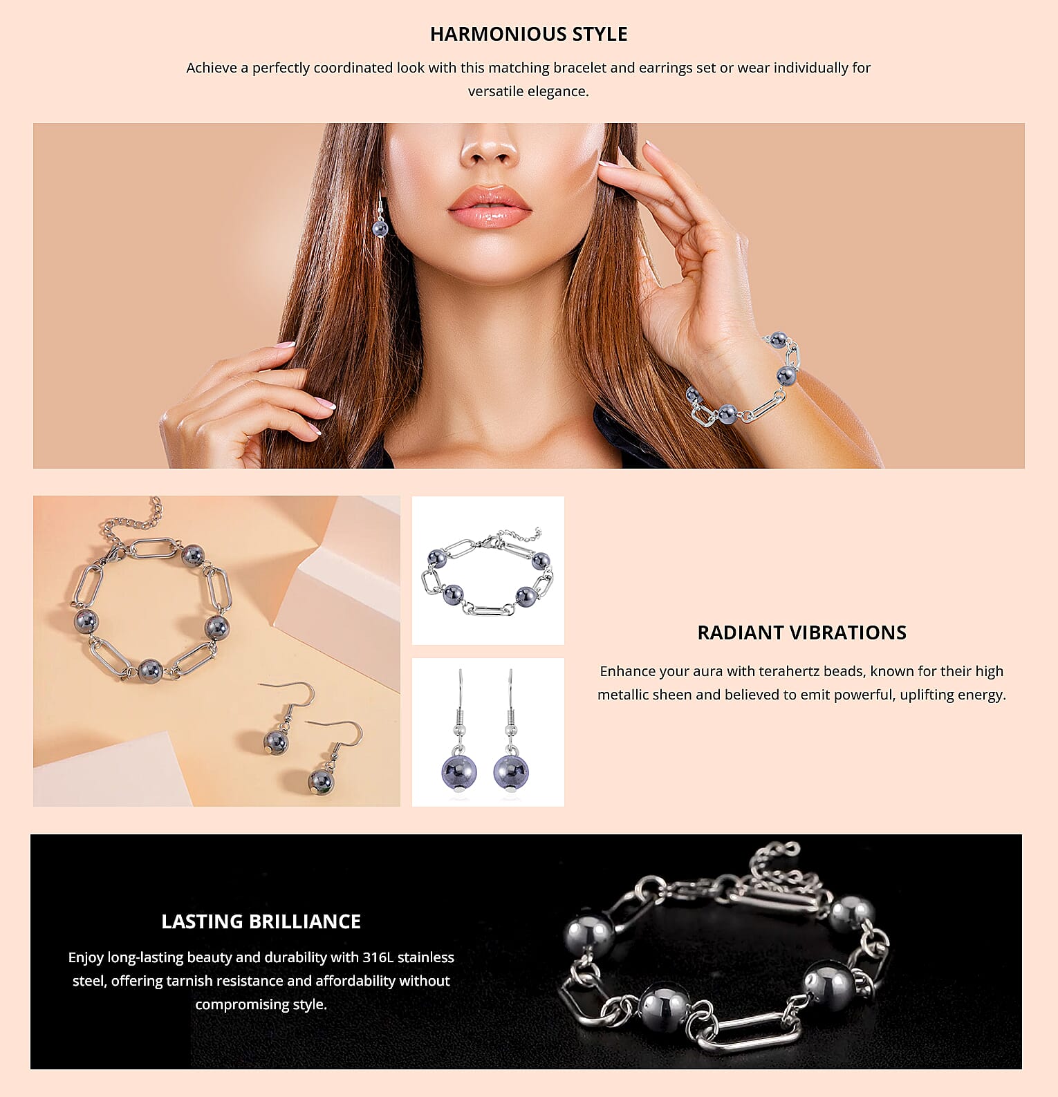 Terahertz 22.50 ctw Beaded Paper Clip Chain Station Bracelet (6-50-8.0In) and Drop Earrings in Stainless Steel Banner