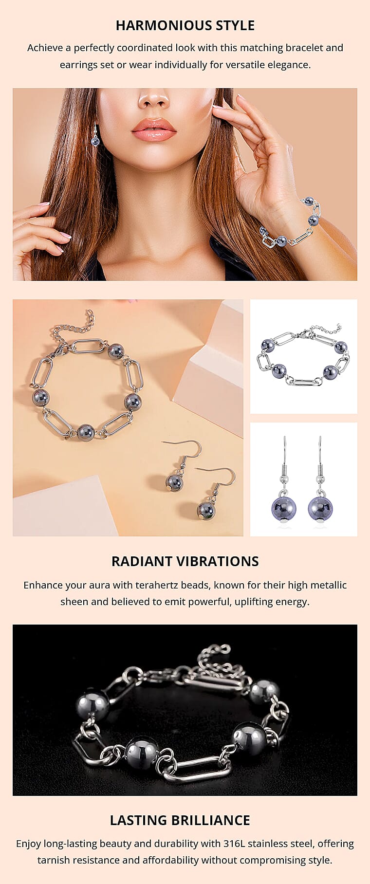 Terahertz 22.50 ctw Beaded Paper Clip Chain Station Bracelet (6-50-8.0In) and Drop Earrings in Stainless SteelBanner