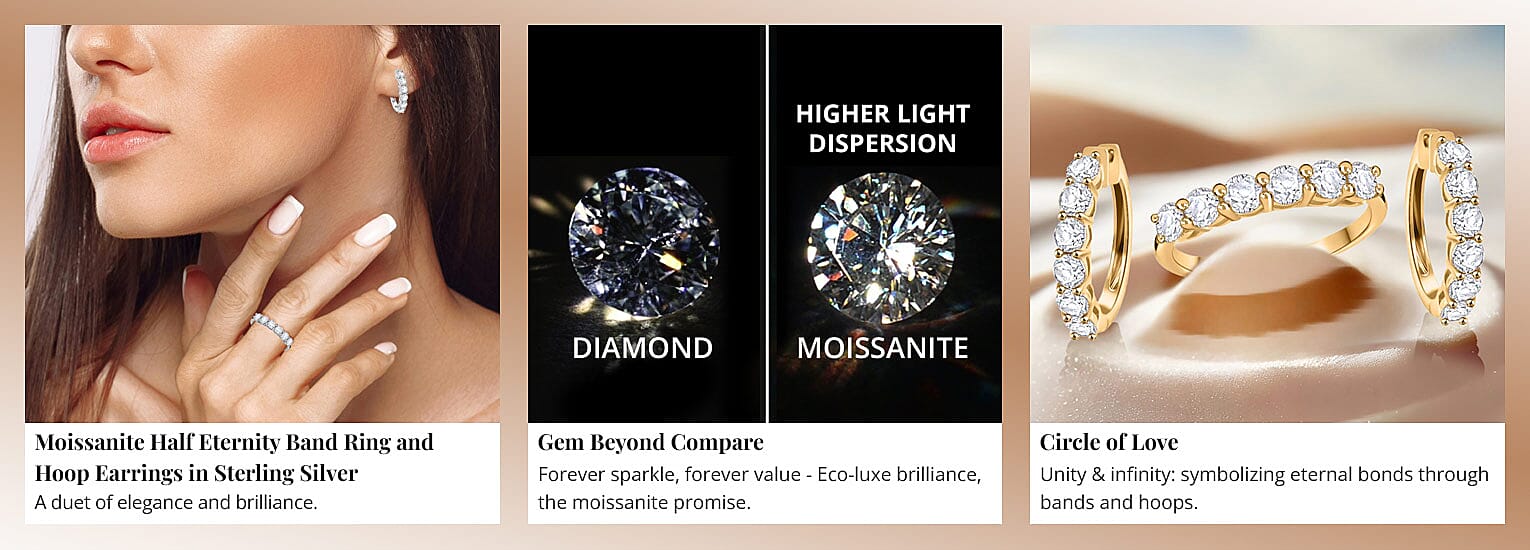 Moissanite Half Eternity Band Ring and Hoop Earrings in Sterling Silver Banner