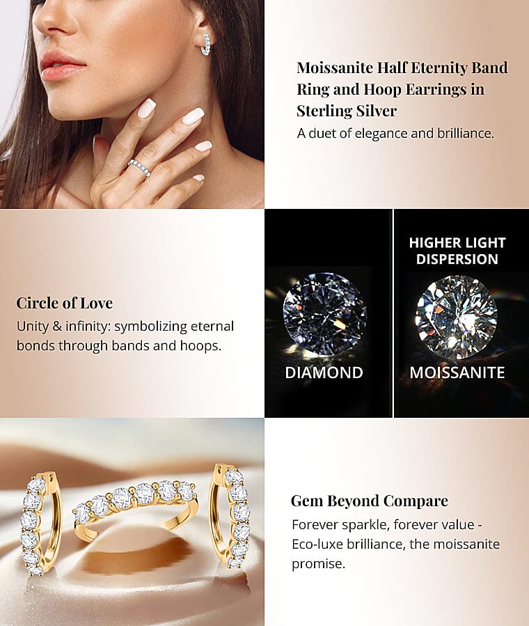 Moissanite Half Eternity Band Ring and Hoop Earrings in Sterling SilverBanner