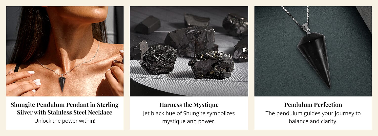 Shungite Pendulum Pendant in Sterling Silver with Stainless Steel Necklace Banner