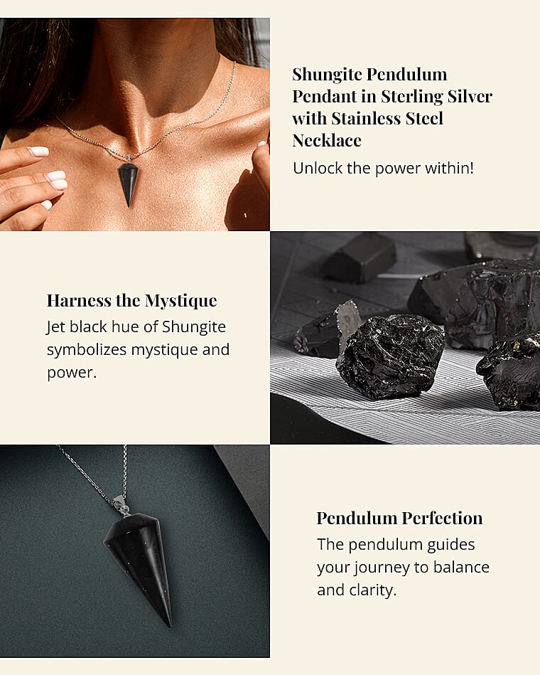 Shungite Pendulum Pendant in Sterling Silver with Stainless Steel Necklace Banner