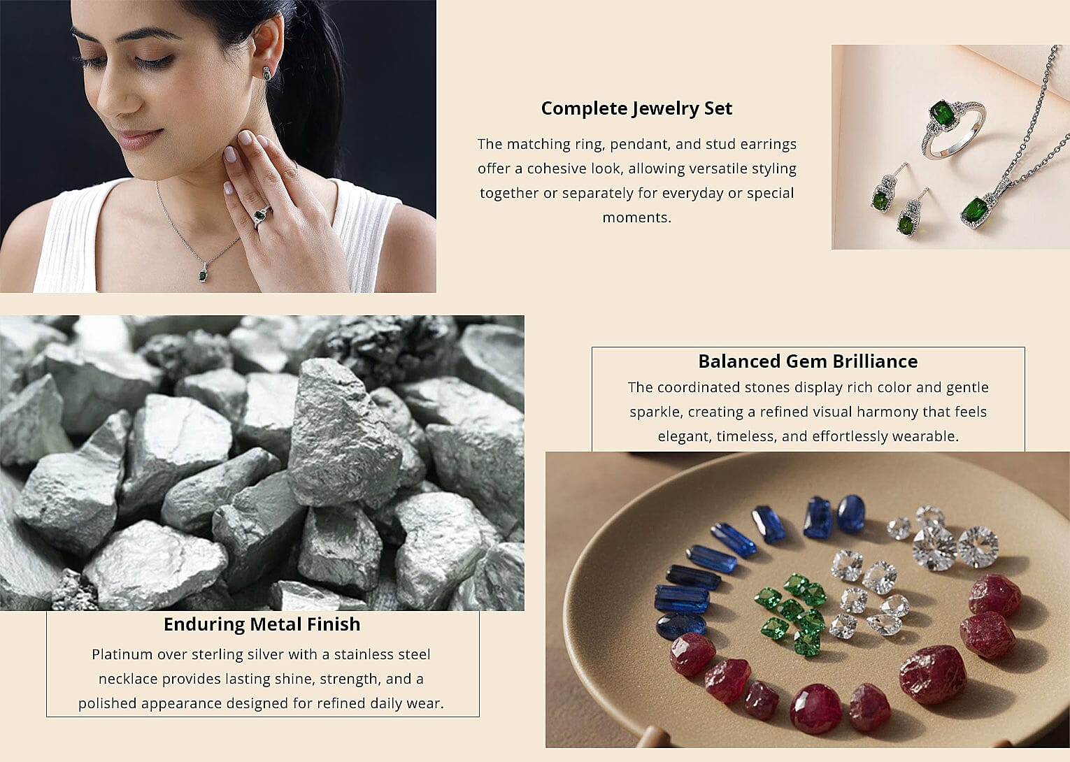 Chrome Diopside and Green Sapphire 3.40 ctw Stud Earrings, Ring and Pendant in Platinum Over Sterling Silver with Stainless Steel Necklace 20 Inches Banner