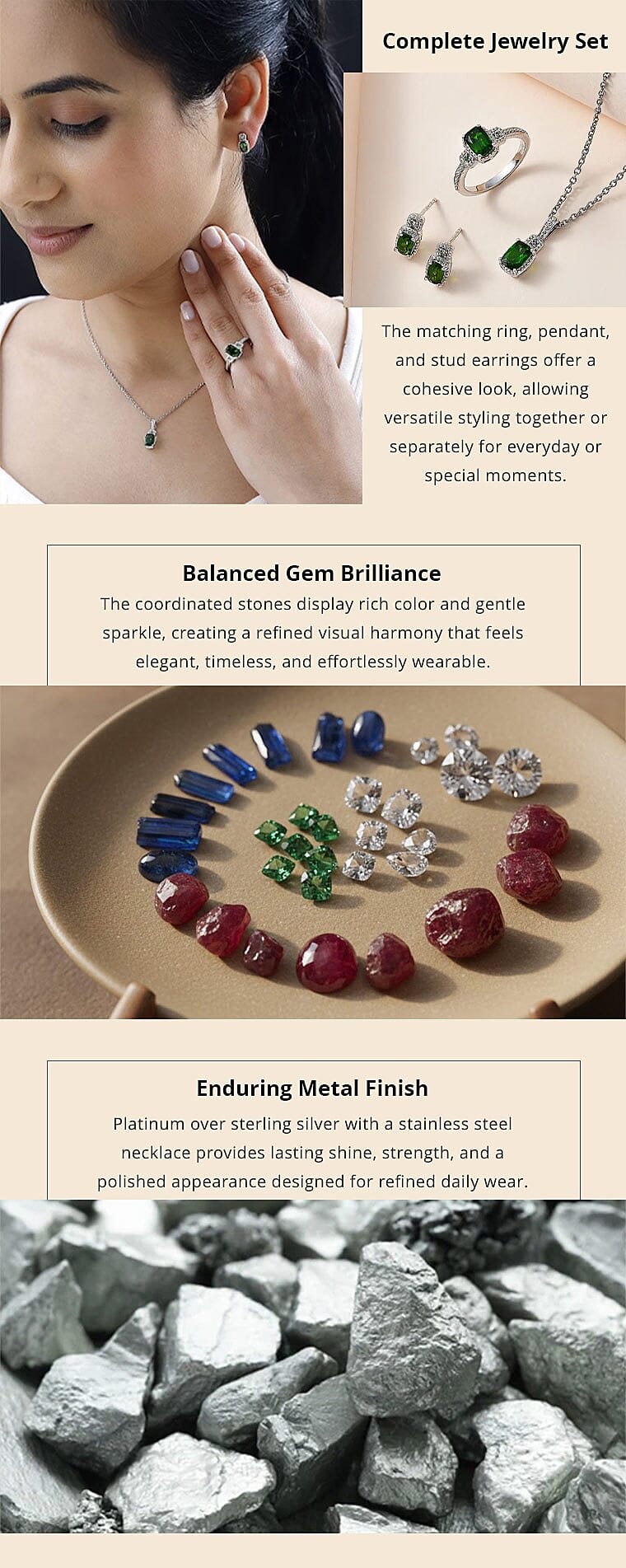 Chrome Diopside and Green Sapphire 3.40 ctw Stud Earrings, Ring and Pendant in Platinum Over Sterling Silver with Stainless Steel Necklace 20 Inches Banner