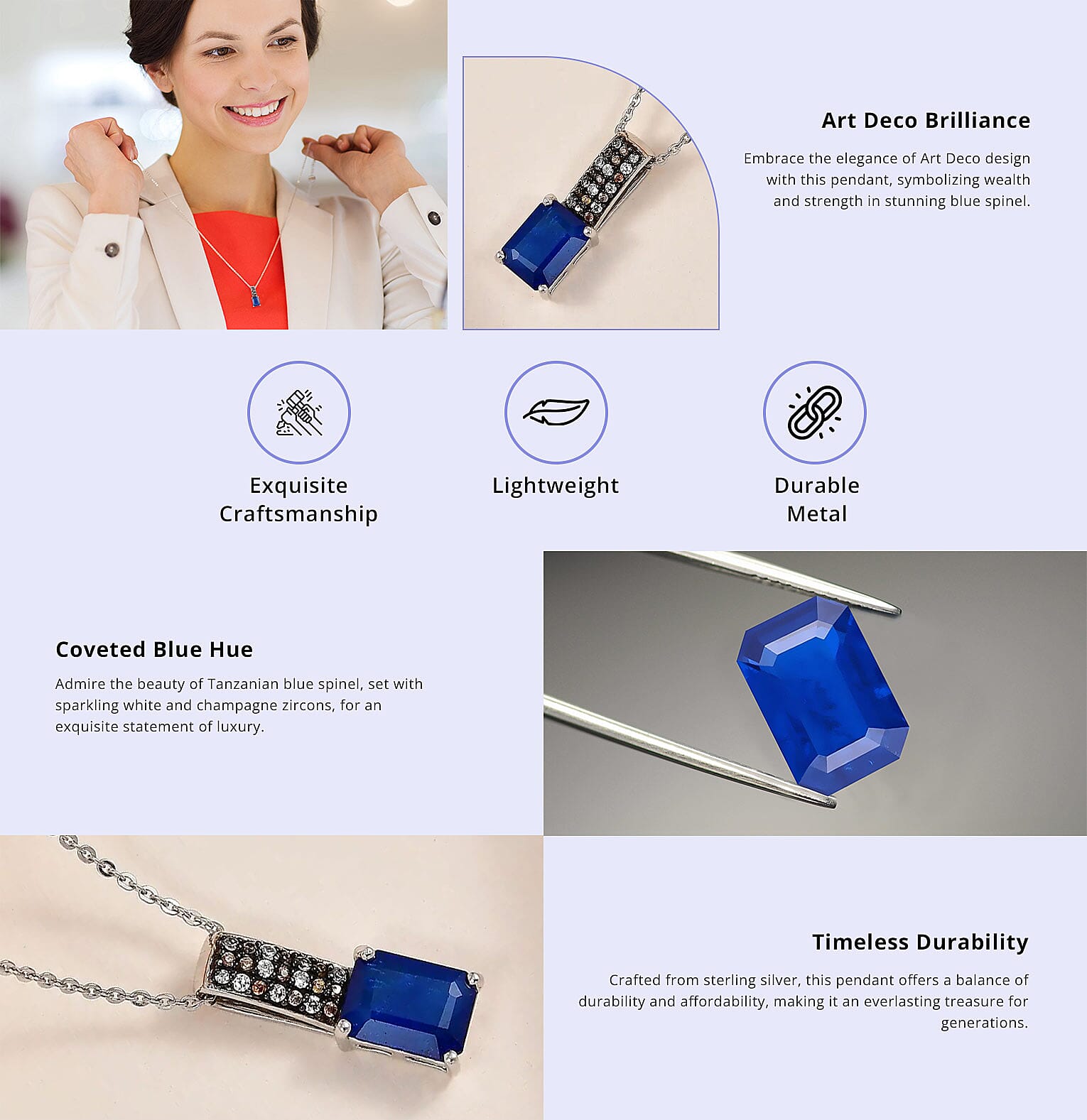 Tanzanian Blue Spinel, White and Champagne Zircon Pendant Necklace Banner