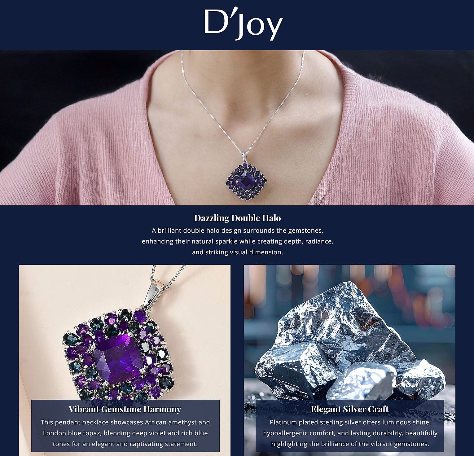 D'Joy African Amethyst and London Blue Topaz 21.25 ctw 4.40 ctw Double Halo Pendant Necklace in Platinum Over Sterling Silver 20 Inches Banner