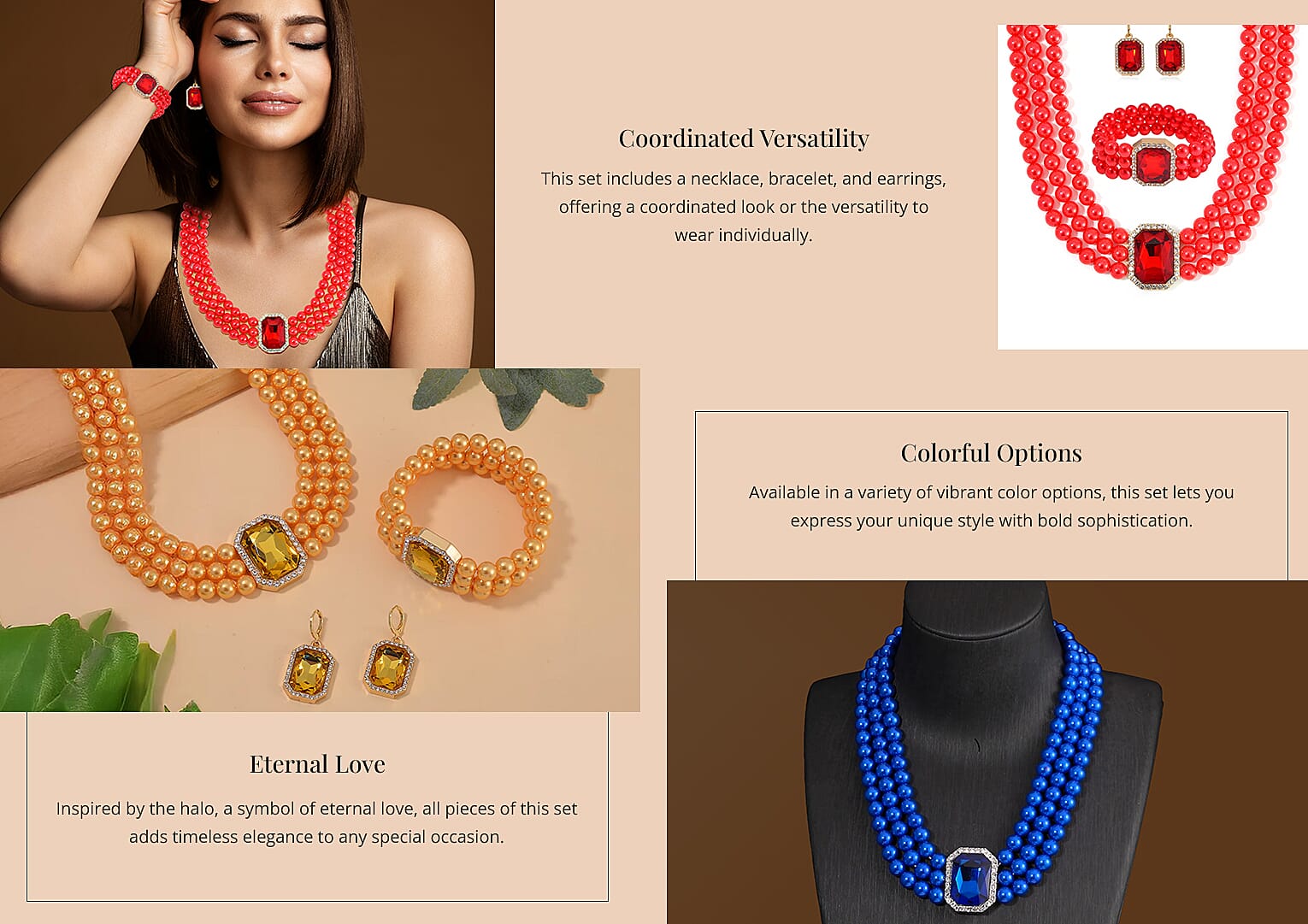 3 Row Necklace, Stretch Bracelet and Earrings in Goldtone Banner