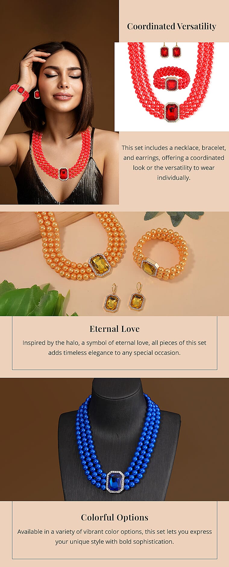 3 Row Necklace, Stretch Bracelet and Earrings in GoldtoneBanner