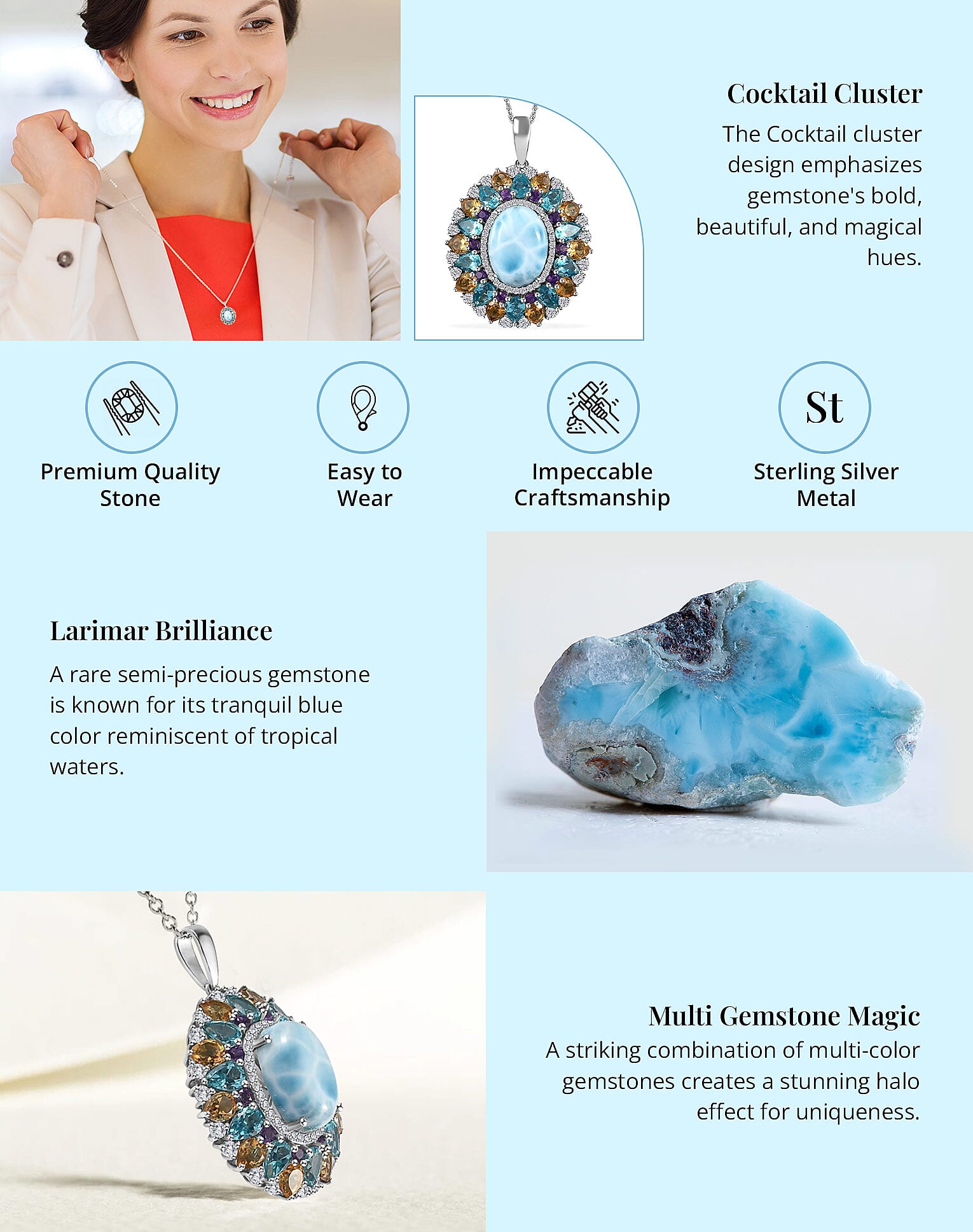 Larimar and Multi Gemstone Cocktail Pendant Necklace in Platinum Over Sterling Silver Banner