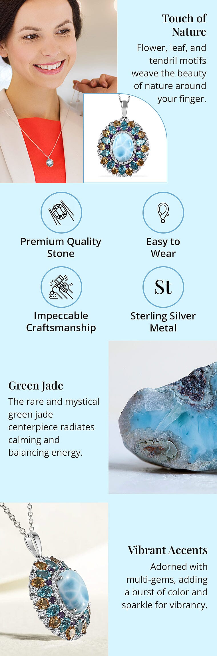 Larimar and Multi Gemstone Cocktail Pendant Necklace in Platinum Over Sterling Silver Banner