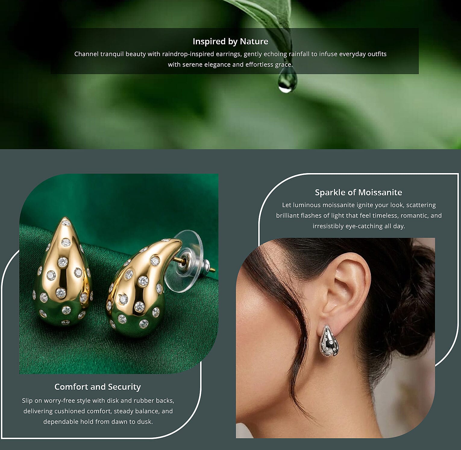 Set of 3 Moissanite Raindrop Tear Drop Statement Earrings in Vermeil Yellow, Rose Gold and Platinum Over Sterling Silver 2.90 ctw Banner