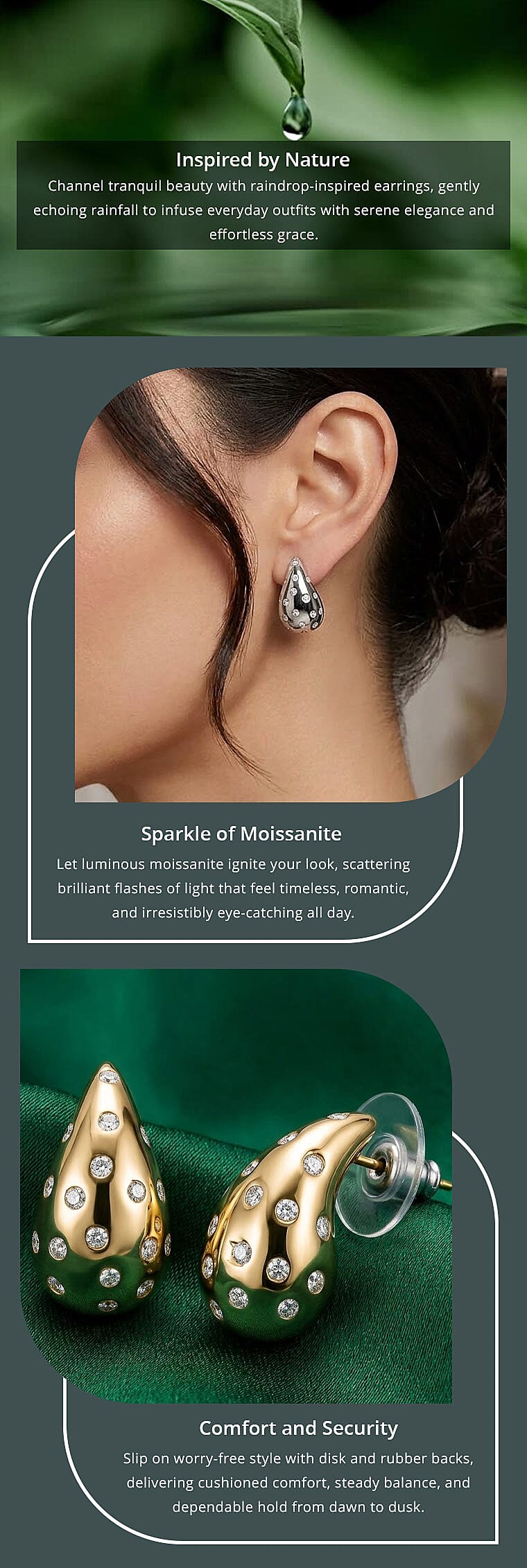 Set of 3 Moissanite Raindrop Tear Drop Statement Earrings in Vermeil Yellow, Rose Gold and Platinum Over Sterling Silver 2.90 ctw Banner